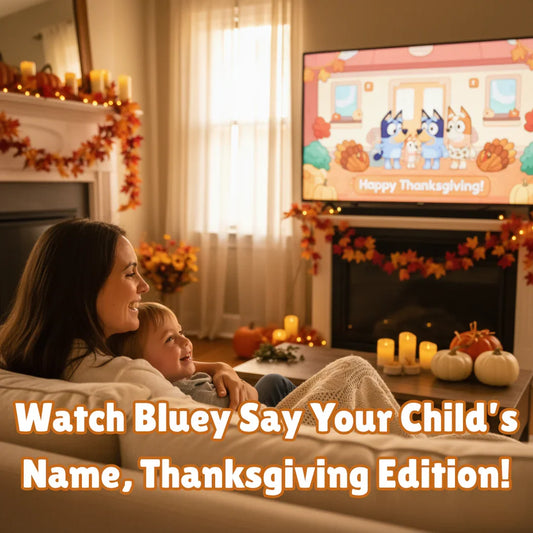 Mother and child watching Bluey Thanksgiving video in cozy fall-decorated living room