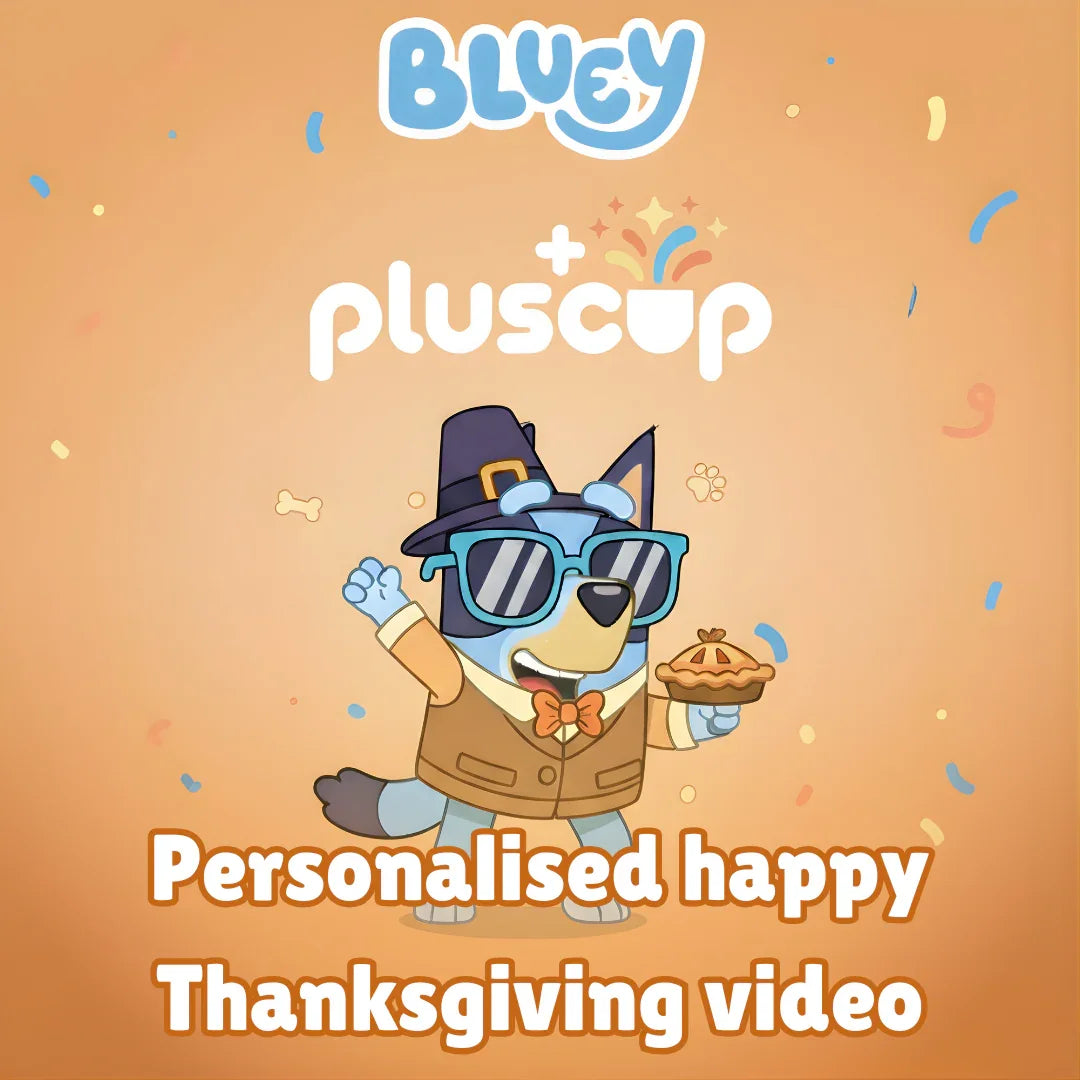 Bluey cartoon dog in pilgrim outfit holding pie, personalised happy Thanksgiving video promo
