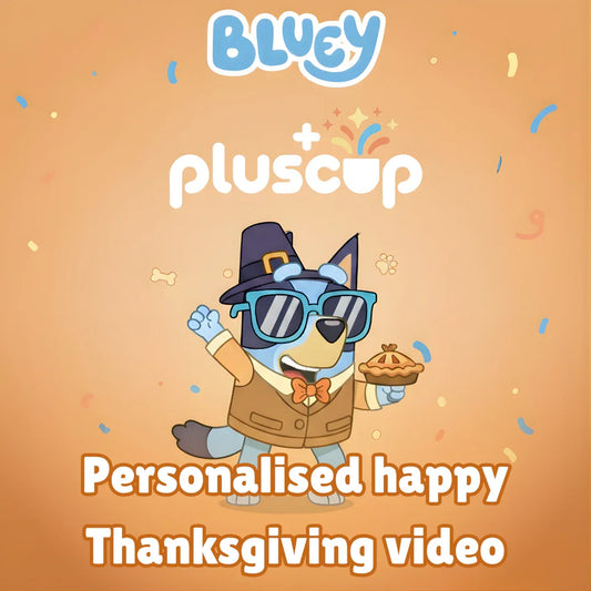Bluey cartoon dog in pilgrim outfit holding pie, personalised happy Thanksgiving video promo