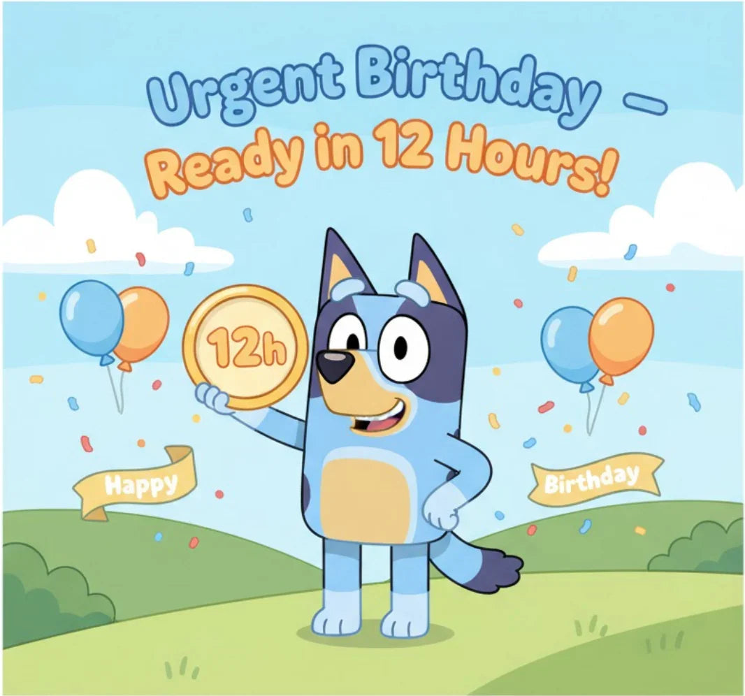 Blue cartoon dog holding 12h coin, birthday balloons, and Urgent Birthday text on sky background