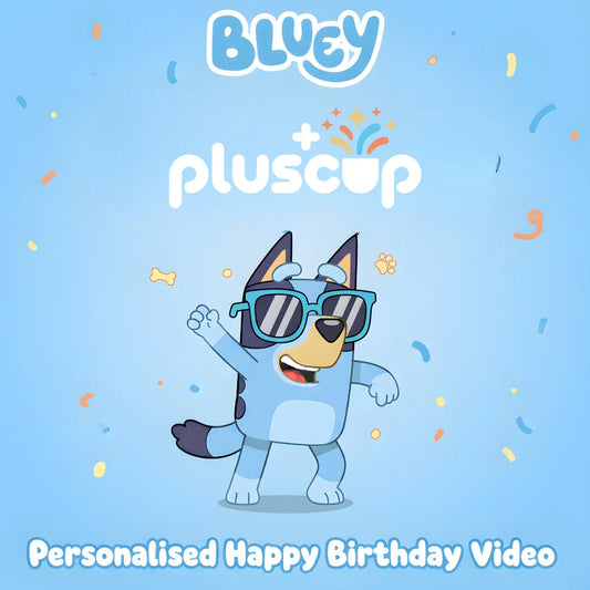 Bluey cartoon dog wearing sunglasses, confetti background, personalised happy birthday video