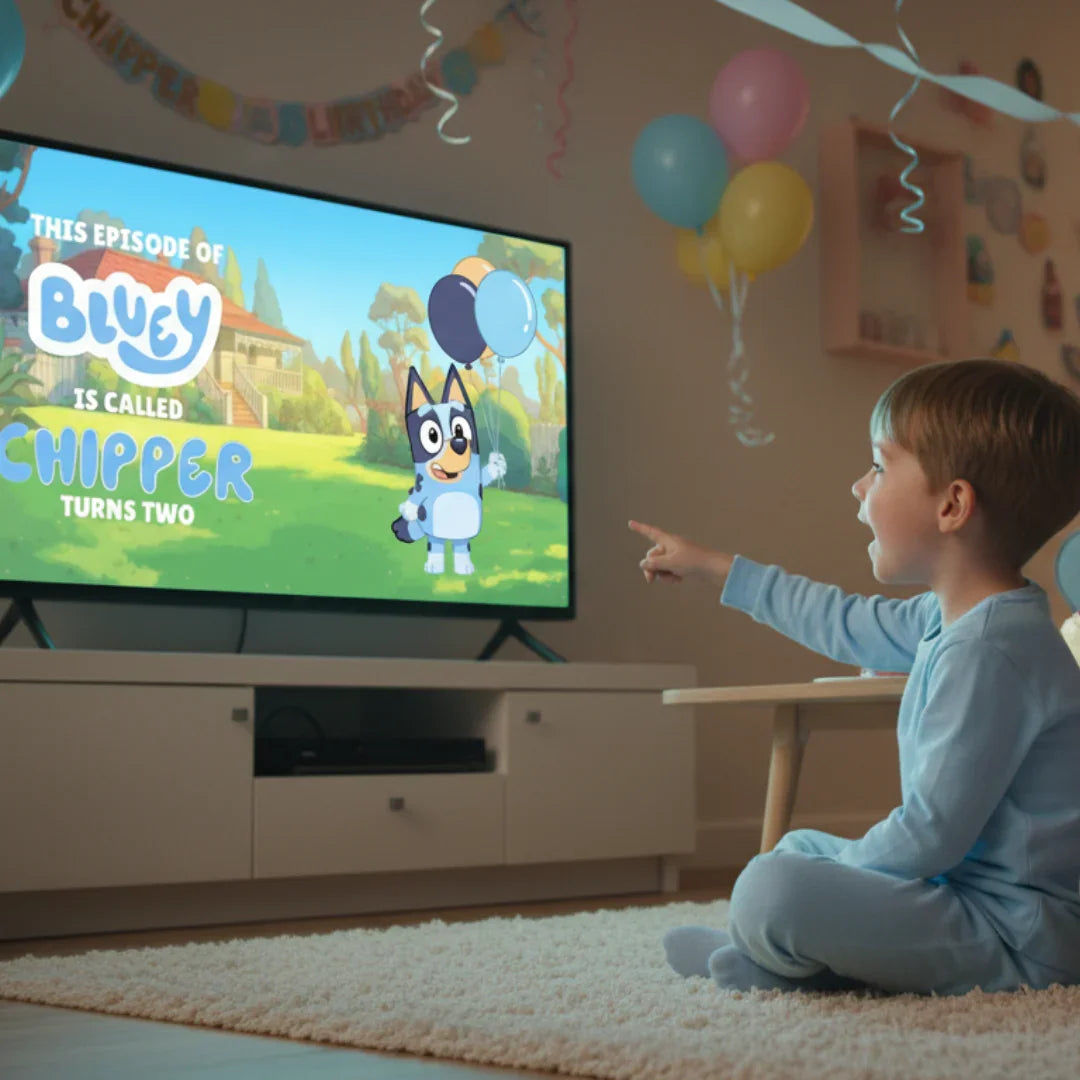 Smiling boy in blue pajamas watching Bluey Chipper Turns Two episode on TV at home party