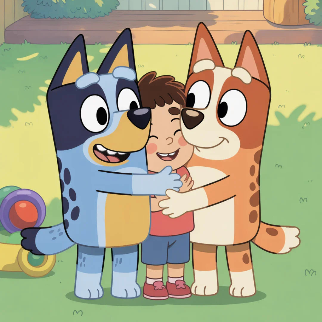 Bluey and Bingo cartoon dogs hugging a smiling child in a sunny backyard setting